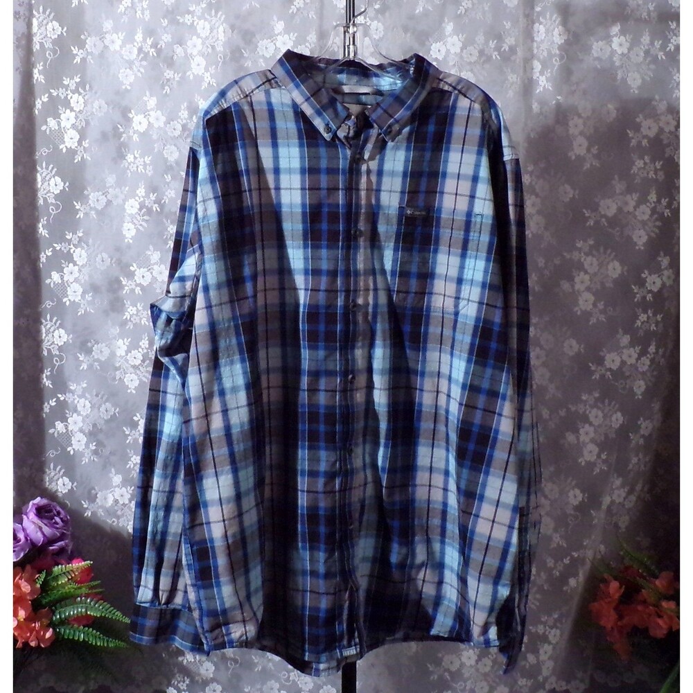 Columbia Button Down Shirt Size XL Blue Black Plaid Long Sleeve Cabin Cotton